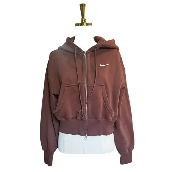 Nike Sportswear Phoenix Fleece Cropped Hoodie Brown Full Zip Loose Women’s L - Picture 2 of 7